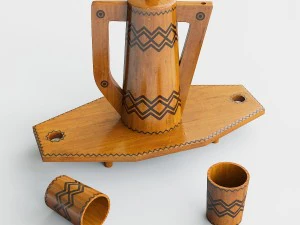 Wooden tray with jug and glasses 3D Model