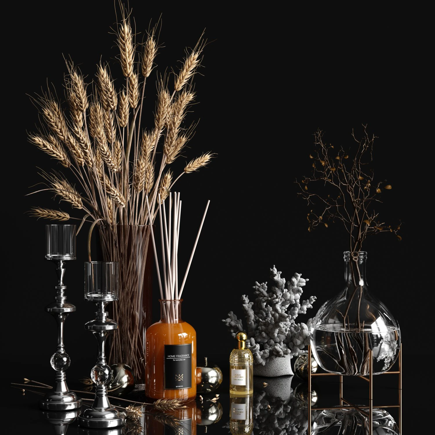 decorative set with dry plants 3D Model .c4d .max .obj .3ds .fbx .stl .blend 