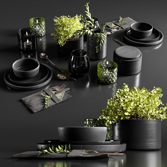 table setting in black colors 3D 모델 .c4d .max .obj .3ds .fbx .stl .blend 
