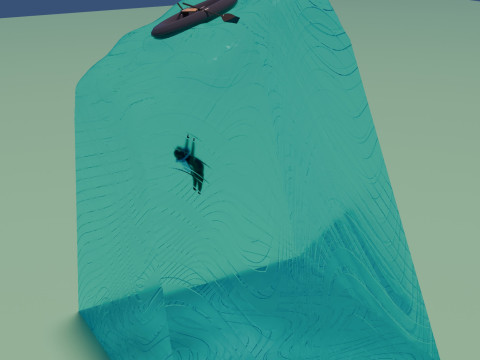 A piece of sea with a diver and an inflatable boat 3D 模型