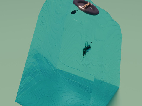 A piece of sea with a diver and an inflatable boat 3D 模型