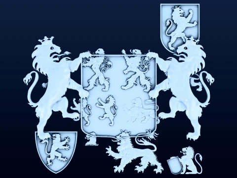 Heraldry Lions Pack 13 Relief Elements for Jewelry 3D Print Model STL OBJ 3D Model