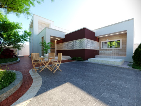 Modern single-story house with a focus on outdoor living and a vibrant landscape design Modèle 3D