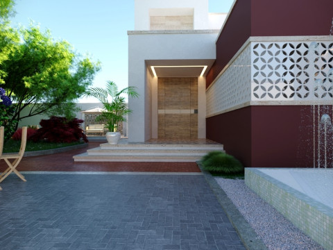 Modern single-story house with a focus on outdoor living and a vibrant landscape design Modello 3D
