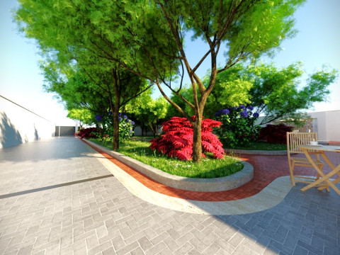 Modern single-story house with a focus on outdoor living and a vibrant landscape design Modello 3D