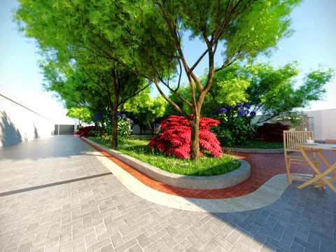 Casa t&eacute;rrea moderna com foco na vida ao ar livre e um design paisag&iacute;stico vibrante Modelo 3D