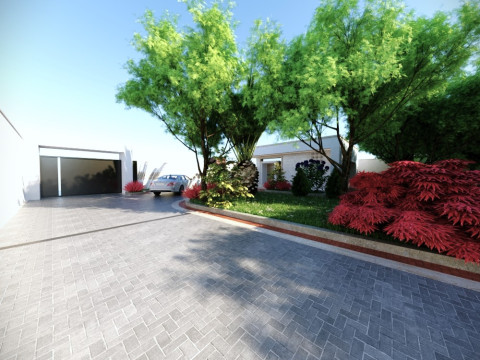 Modern single-story house with a focus on outdoor living and a vibrant landscape design Modello 3D