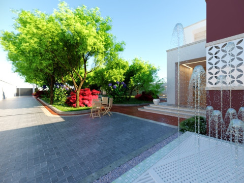 Modern single-story house with a focus on outdoor living and a vibrant landscape design Modello 3D