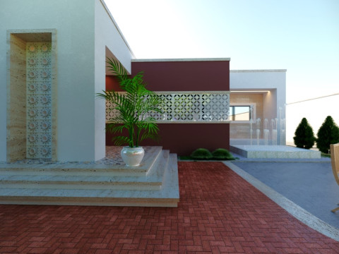Modern single-story house with a focus on outdoor living and a vibrant landscape design Modello 3D