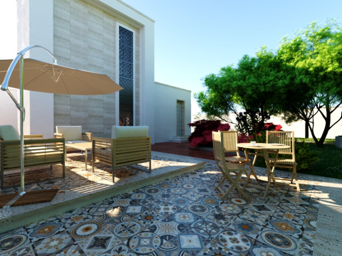 Modern single-story house with a focus on outdoor living and a vibrant landscape design Modello 3D