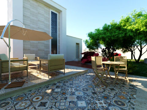 Casa t&eacute;rrea moderna com foco na vida ao ar livre e um design paisag&iacute;stico vibrante Modelo 3D
