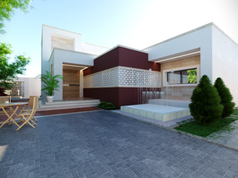 Modern single-story house with a focus on outdoor living and a vibrant landscape design Modello 3D