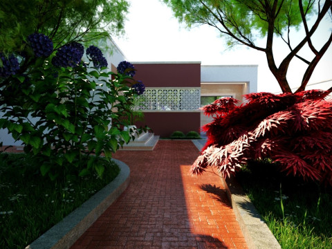 Modern single-story house with a focus on outdoor living and a vibrant landscape design Modello 3D