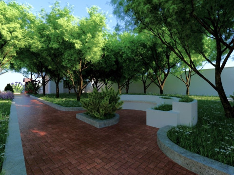Modern single-story house with a focus on outdoor living and a vibrant landscape design Modello 3D