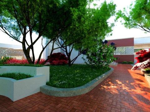 Casa t&eacute;rrea moderna com foco na vida ao ar livre e um design paisag&iacute;stico vibrante Modelo 3D