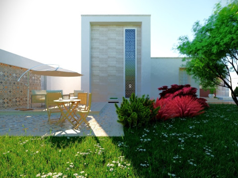 Modern single-story house with a focus on outdoor living and a vibrant landscape design Modello 3D