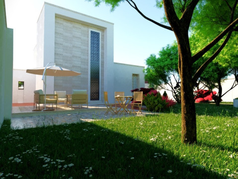 Modern single-story house with a focus on outdoor living and a vibrant landscape design Modello 3D