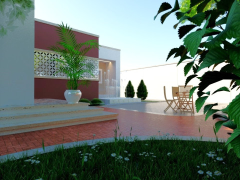 Modern single-story house with a focus on outdoor living and a vibrant landscape design Modello 3D