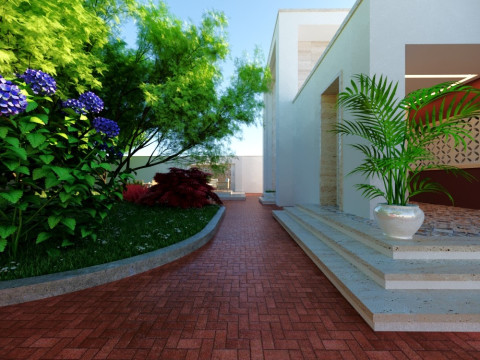 Modern single-story house with a focus on outdoor living and a vibrant landscape design Modello 3D