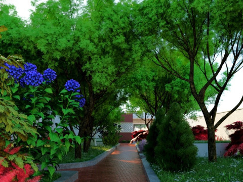 Modern single-story house with a focus on outdoor living and a vibrant landscape design Modello 3D