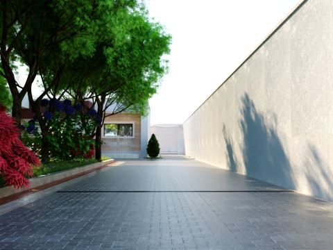 Modern single-story house with a focus on outdoor living and a vibrant landscape design Modello 3D