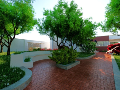 Modern single-story house with a focus on outdoor living and a vibrant landscape design Modello 3D