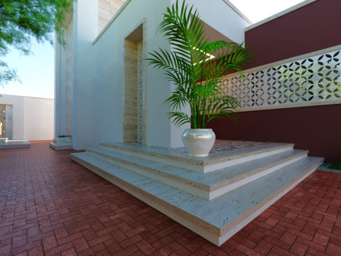 Modern single-story house with a focus on outdoor living and a vibrant landscape design Modello 3D