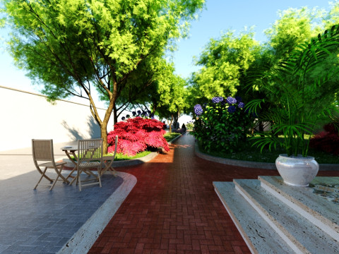 Modern single-story house with a focus on outdoor living and a vibrant landscape design Modello 3D