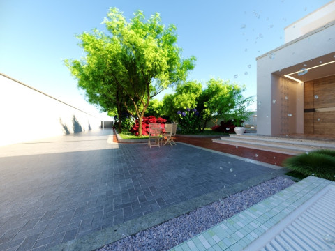 Modern single-story house with a focus on outdoor living and a vibrant landscape design Modello 3D