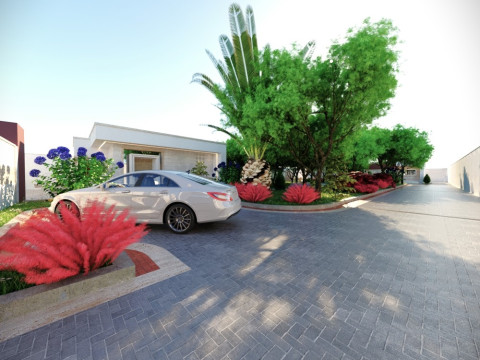 Modern single-story house with a focus on outdoor living and a vibrant landscape design Modello 3D