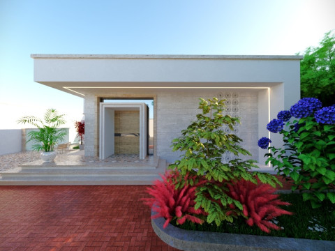 Modern single-story house with a focus on outdoor living and a vibrant landscape design Modello 3D
