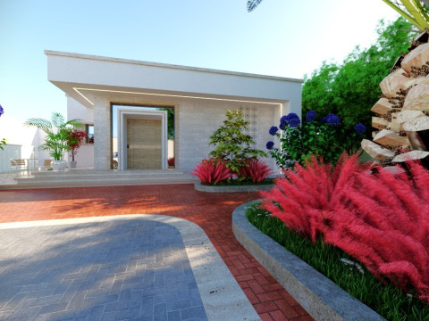 Modern single-story house with a focus on outdoor living and a vibrant landscape design Modello 3D