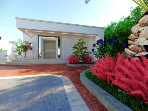 Casa t&eacute;rrea moderna com foco na vida ao ar livre e um design paisag&iacute;stico vibrante Modelo 3D
