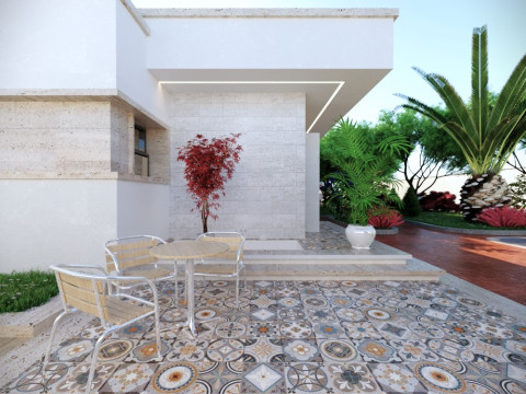 Modern single-story house with a focus on outdoor living and a vibrant landscape design Modello 3D
