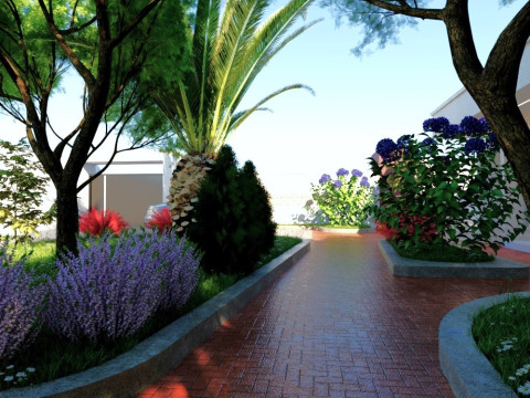Modern single-story house with a focus on outdoor living and a vibrant landscape design Modello 3D