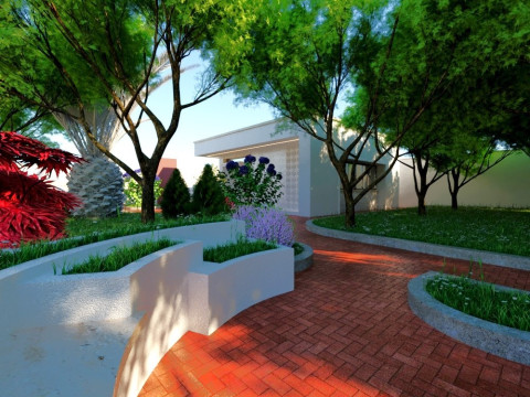 Modern single-story house with a focus on outdoor living and a vibrant landscape design Modello 3D