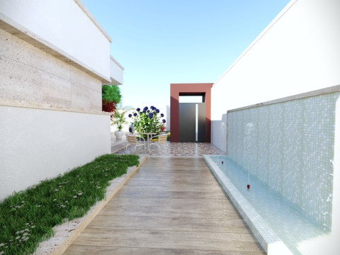 Modern single-story house with a focus on outdoor living and a vibrant landscape design Modello 3D