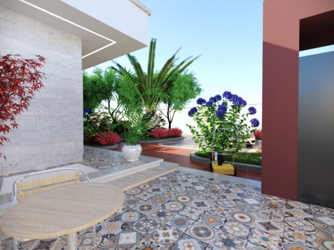 Modern single-story house with a focus on outdoor living and a vibrant landscape design Modello 3D