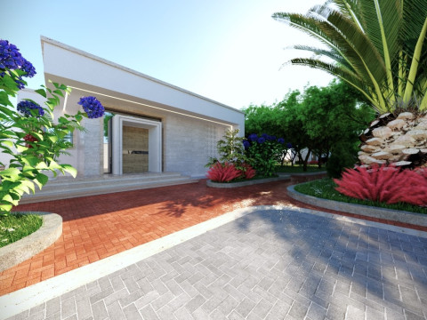 Modern single-story house with a focus on outdoor living and a vibrant landscape design Modello 3D