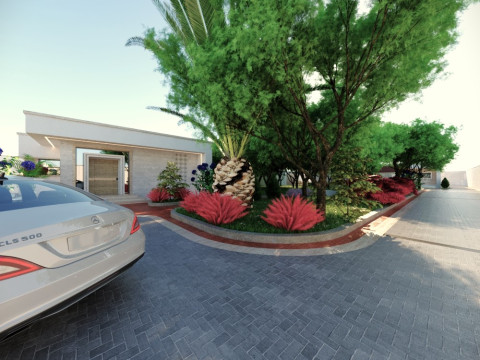 Modern single-story house with a focus on outdoor living and a vibrant landscape design Modello 3D