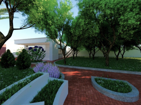 Modern single-story house with a focus on outdoor living and a vibrant landscape design Modello 3D