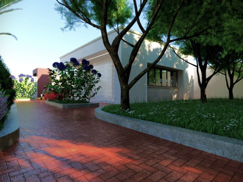 Modern single-story house with a focus on outdoor living and a vibrant landscape design Modello 3D