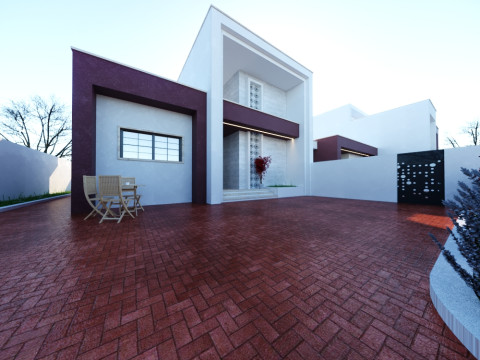 Modern single- tow story house with a focus on outdoor living and a vibrant landscape design Modèle 3D