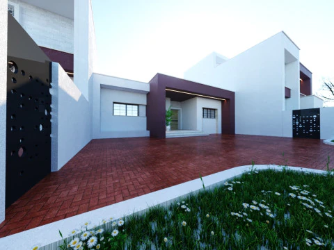 Modern single- tow story house with a focus on outdoor living and a vibrant landscape design 3D Model