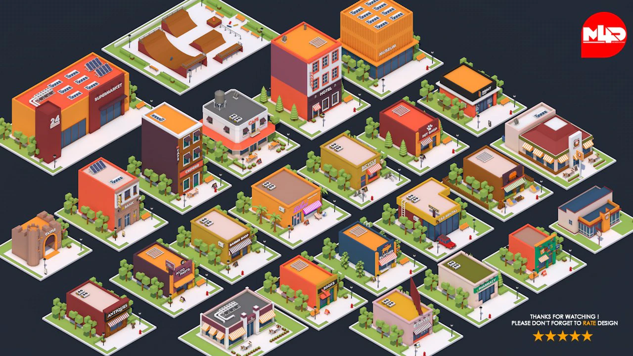 low poly city buildings pack 3D Model .c4d .max .obj .3ds .fbx .stl .blend 