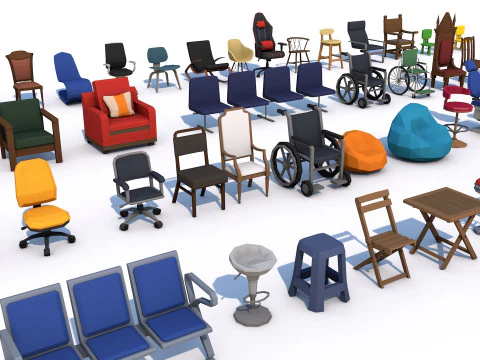 55 Interior Furniture Chair Collection Pack for Game Ready Low Poly 3D Model