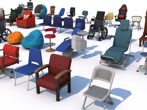 55 Interior Furniture Chair Collection Pack for Game Ready Low Poly 3D Model
