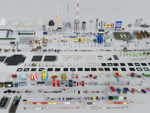 यथार्थवादी बाहरी सिटी स्ट्रीट प्रॉप्स पैक संग्रह 3D मॉडल