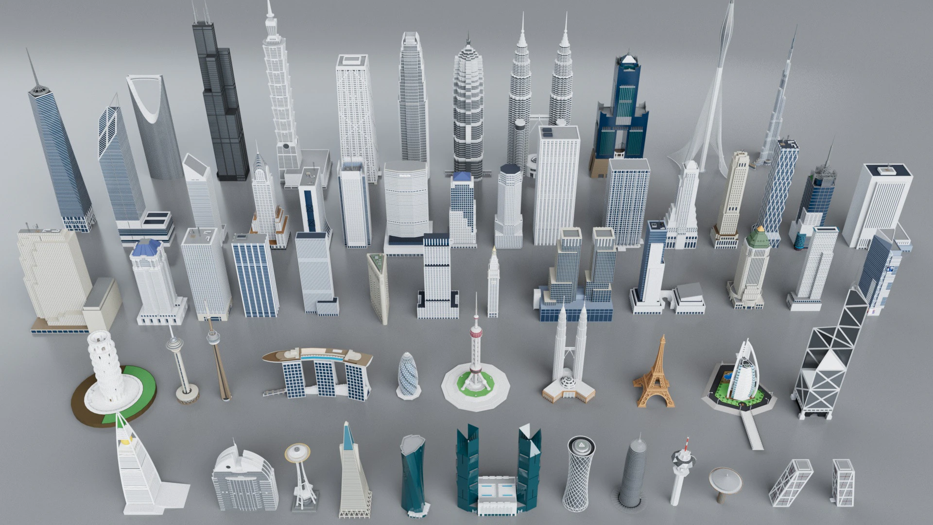 60 World Famous Skyscrapers Buildings - Realistic High Detailed 3D Model .c4d .max .obj .3ds .fbx .stl .blend 