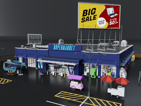 City Supermarket Building Interior Exterior Modular Environment 3D Model